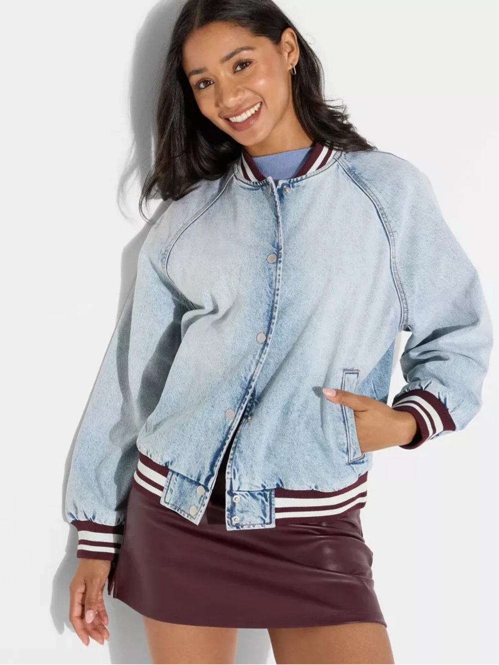 NWT Wild Fable Light Wash Denim Varsity Jacket Burgundy NEW
